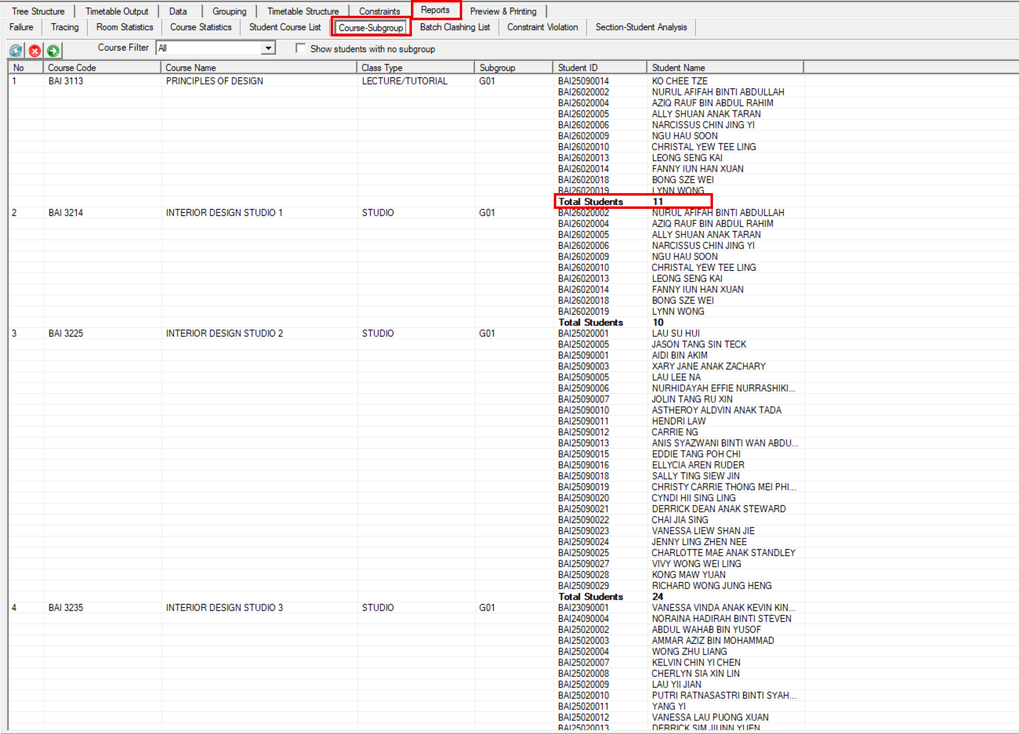 Course-Subgroup report with the Total Students count highlighted