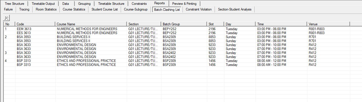 Batch Clashing List showing the detected clashes in pairs