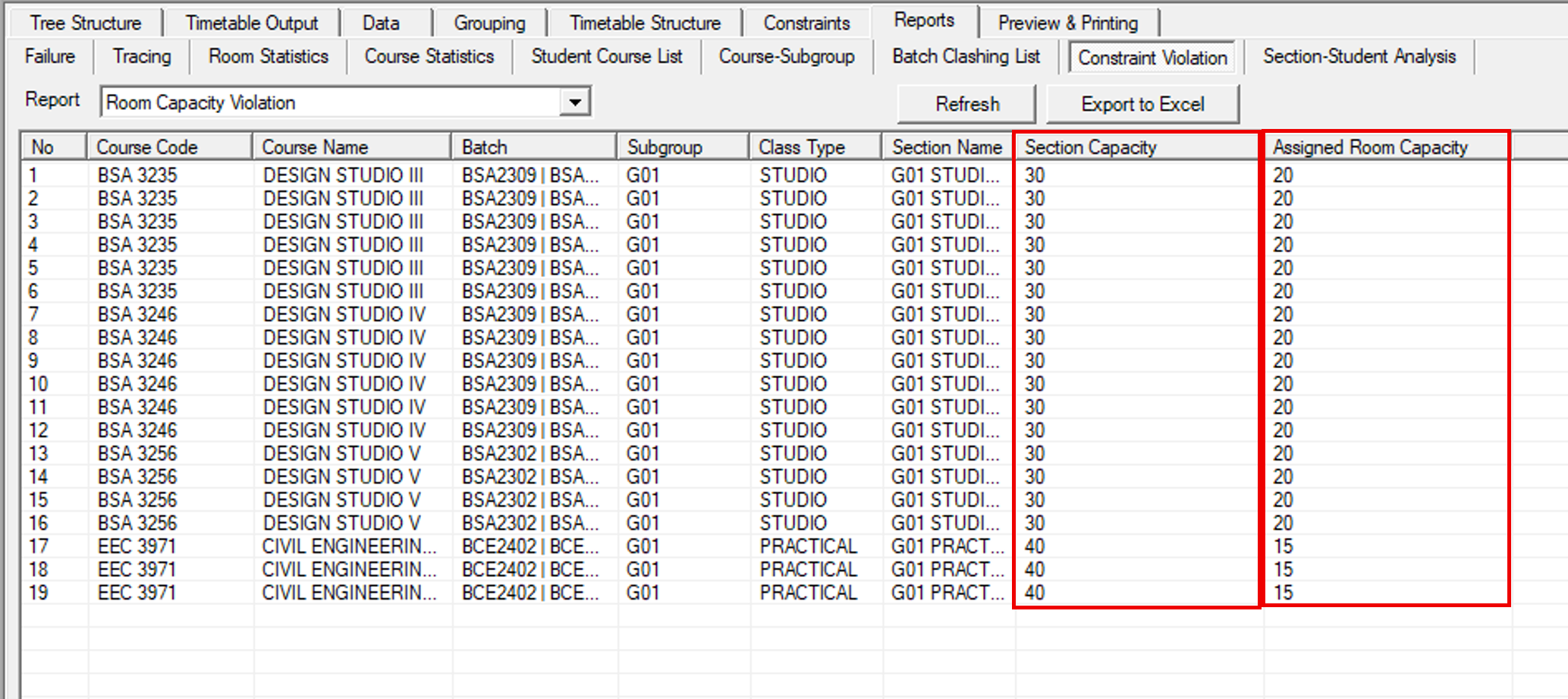 Room Capacity Violation report with the Section Capacity and Assigned Room Capacity columns highlighted