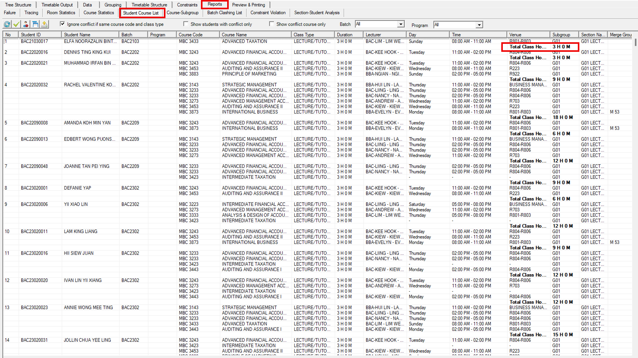 Student Course List report with the Total Class Hours value highlighted