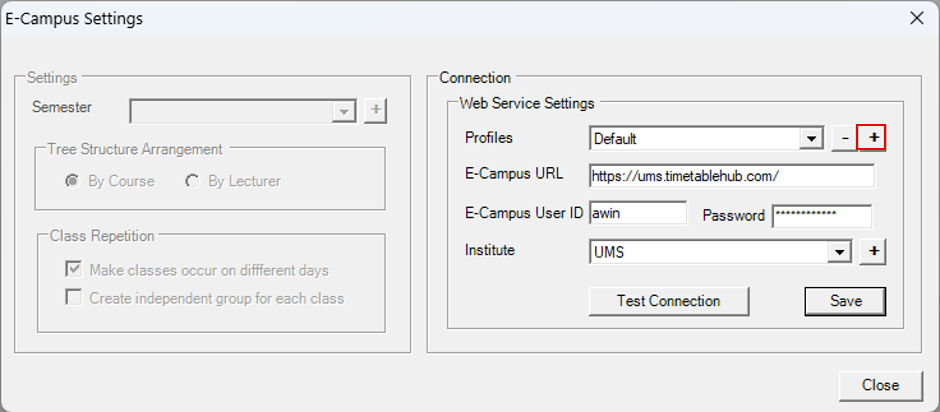Plus button next to the Profiles drop-down in E-Campus Settings