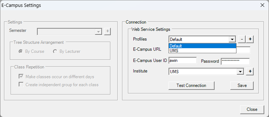 Profiles drop-down open, showing Default and the new profile