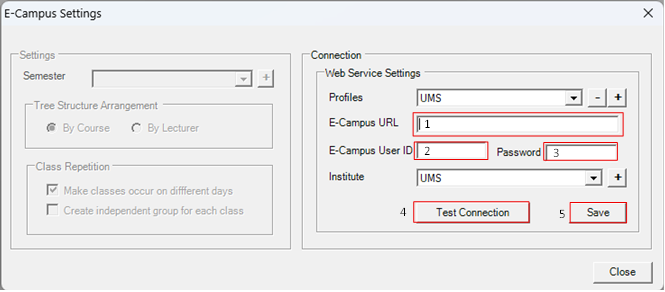 Filled-in connection details for the new profile, numbered 1 to 5