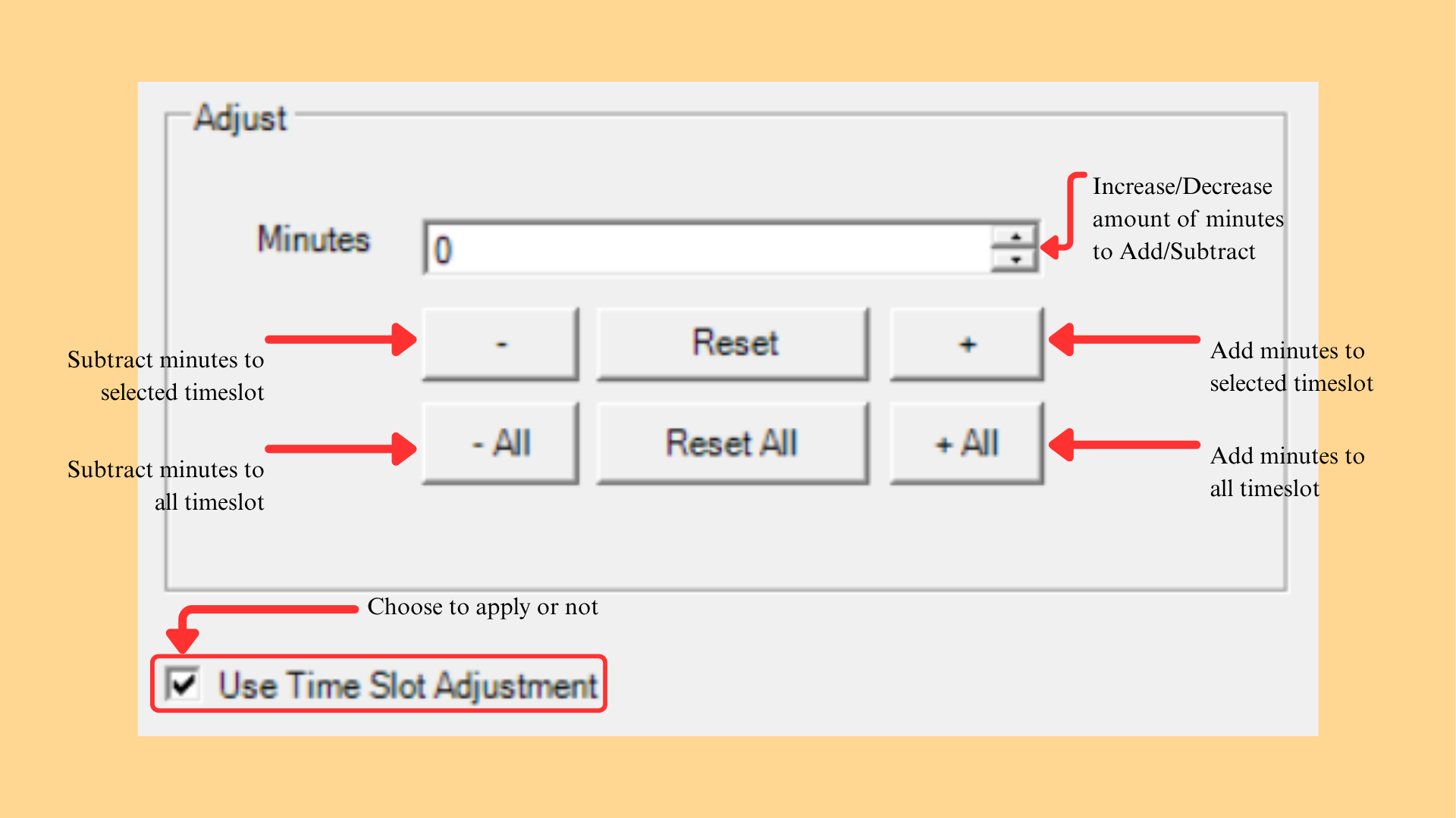 Adjust panel with the Minutes field and the plus, minus and reset buttons