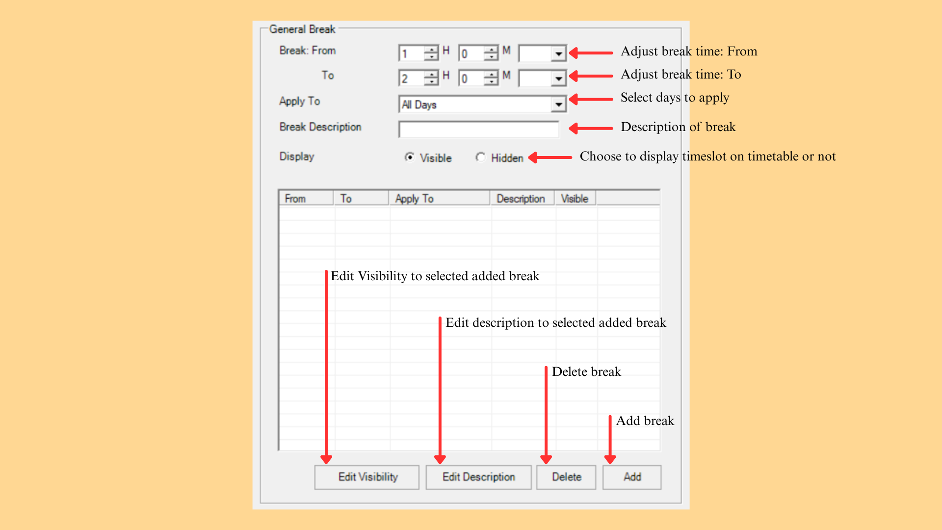 General Break panel with the break time fields and the list of added breaks