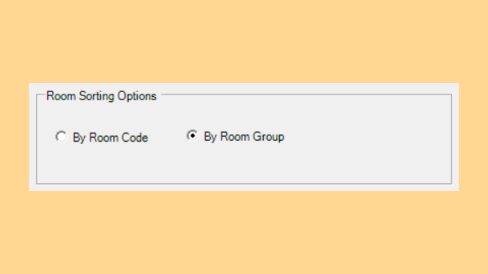 Room Sorting Options panel with By Room Code and By Room Group
