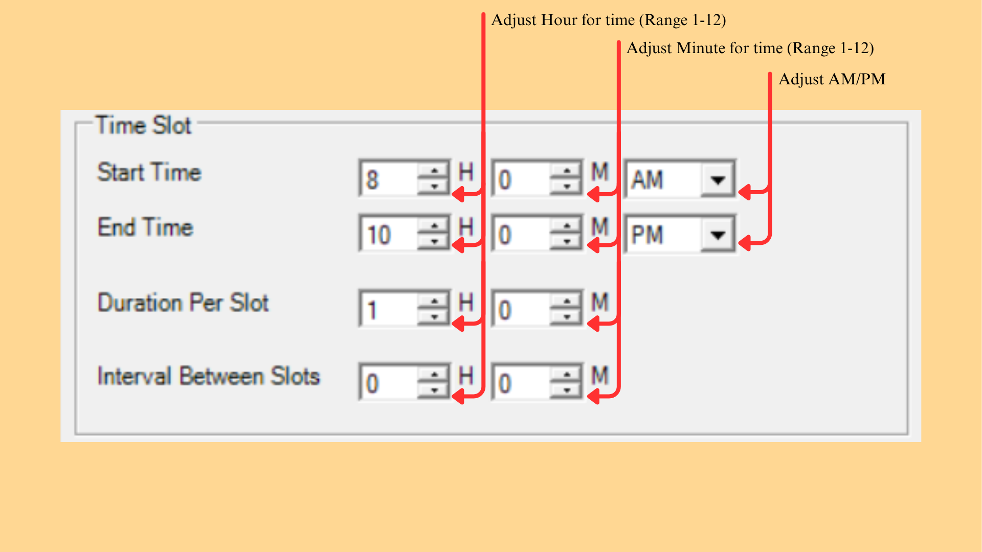 Time Slot panel with Start Time, End Time, Duration Per Slot and Interval Between Slots
