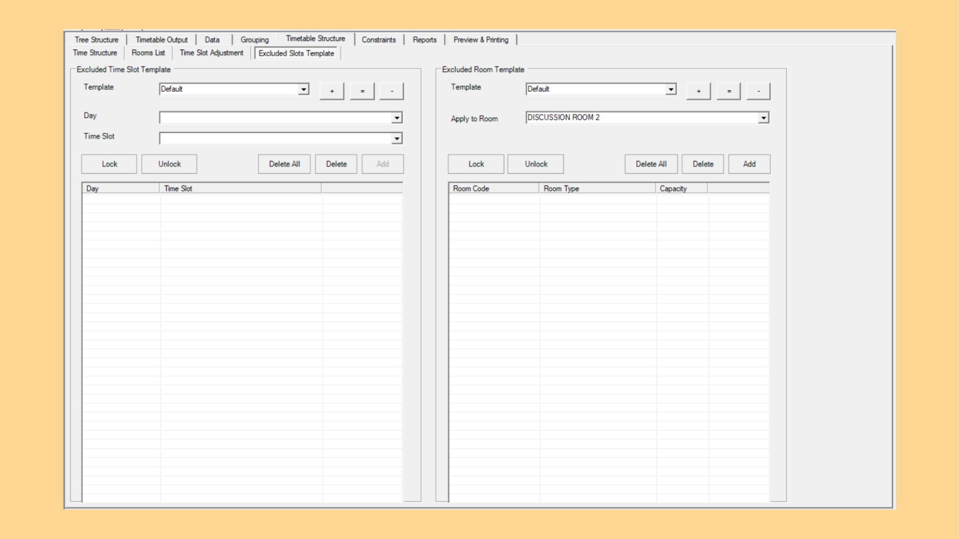 Excluded Slots Template window