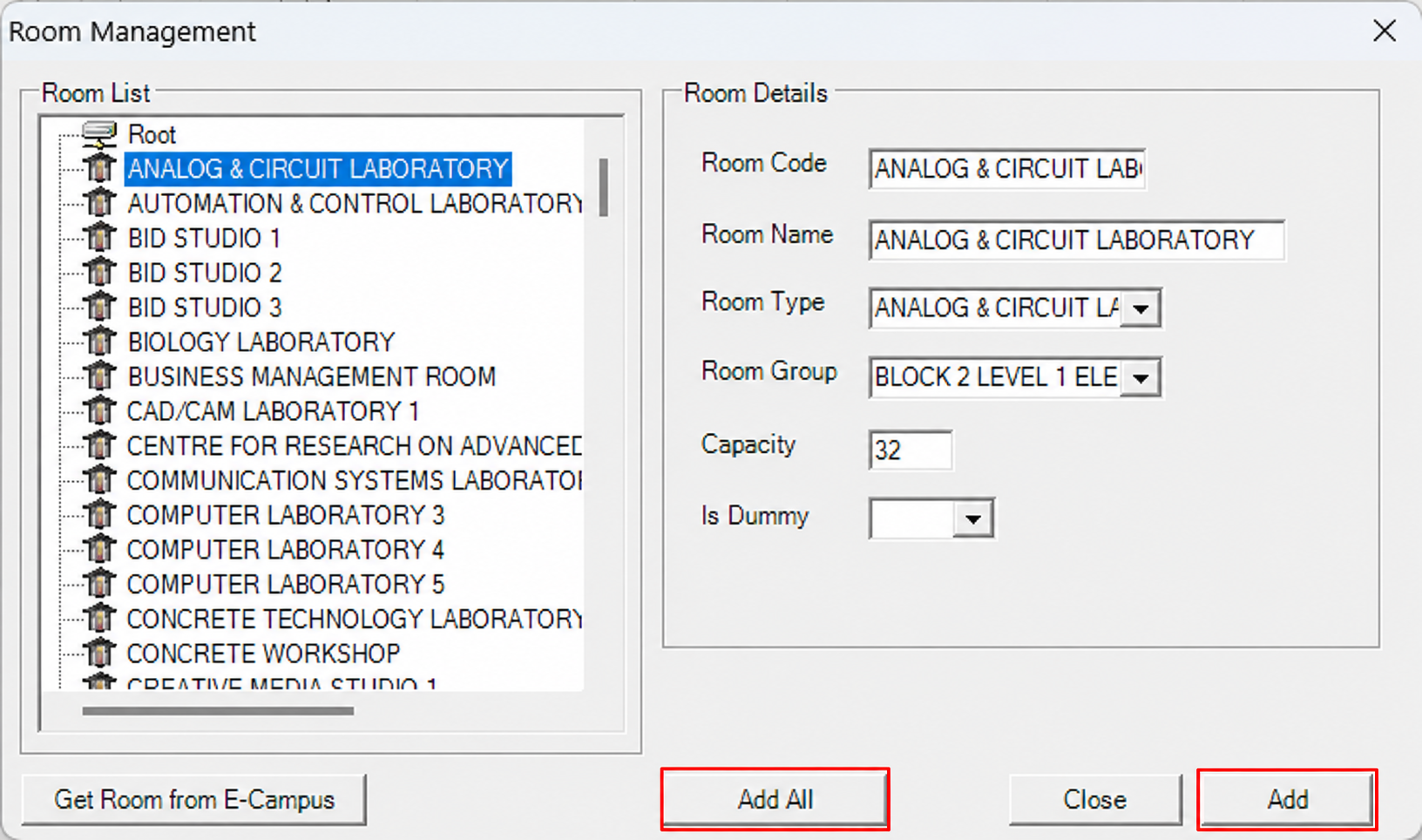 Room Management window with the room list, the Room Details panel and the Add and Add All buttons marked