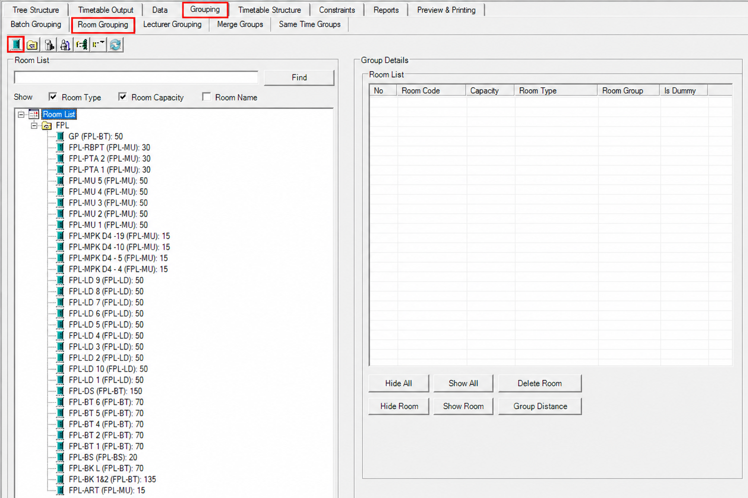 Room Grouping tab with the Room List tree on the left, the Group Details panel on the right and the Room Management button marked on the toolbar
