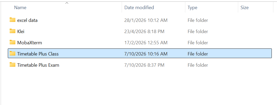 File Explorer with the Timetable Plus Class folder selected
