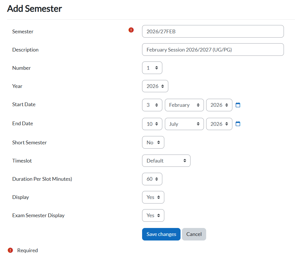 Add Semester form