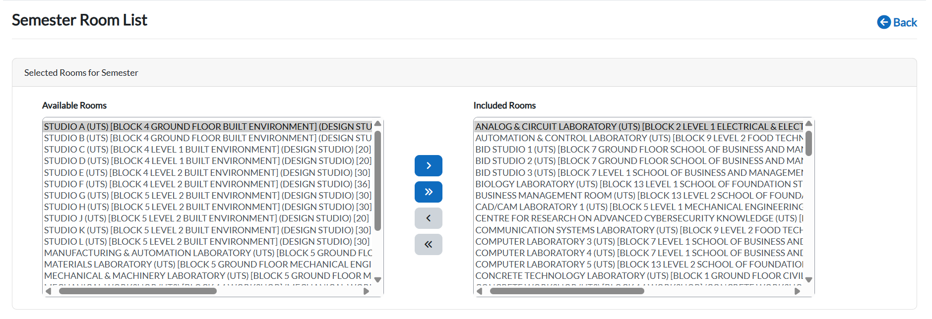 Semester room tagging screen