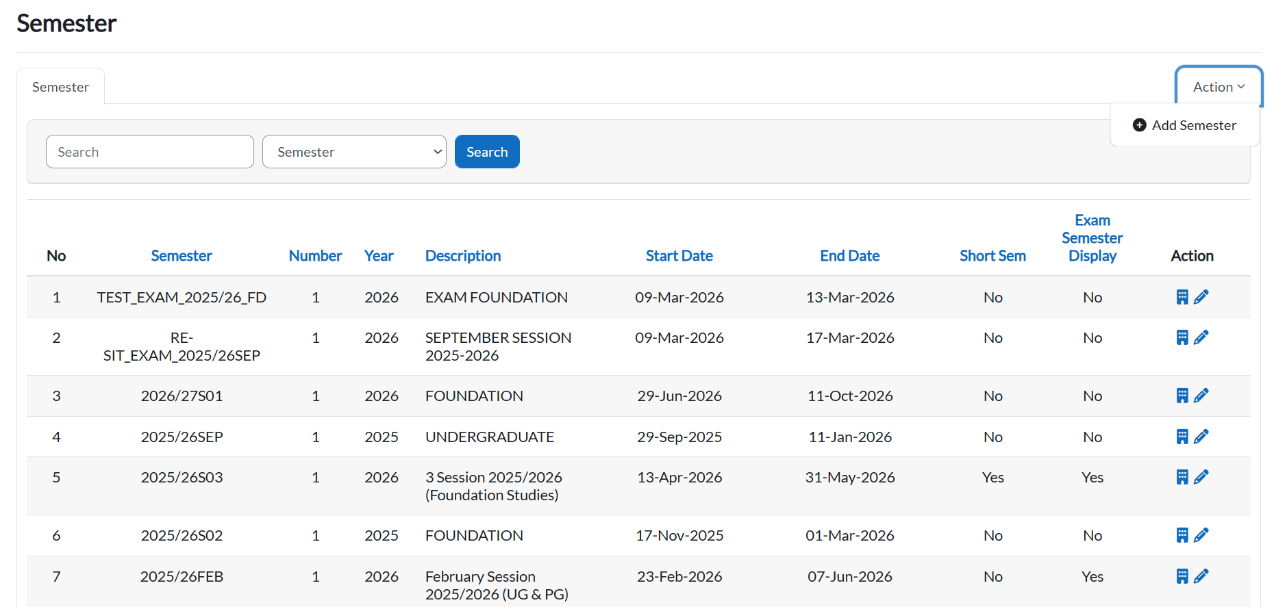 Semester list screen