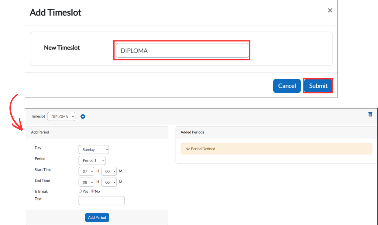 Example of adding a Diploma timeslot