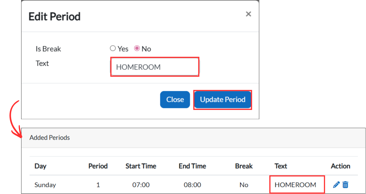 Example of editing a period name