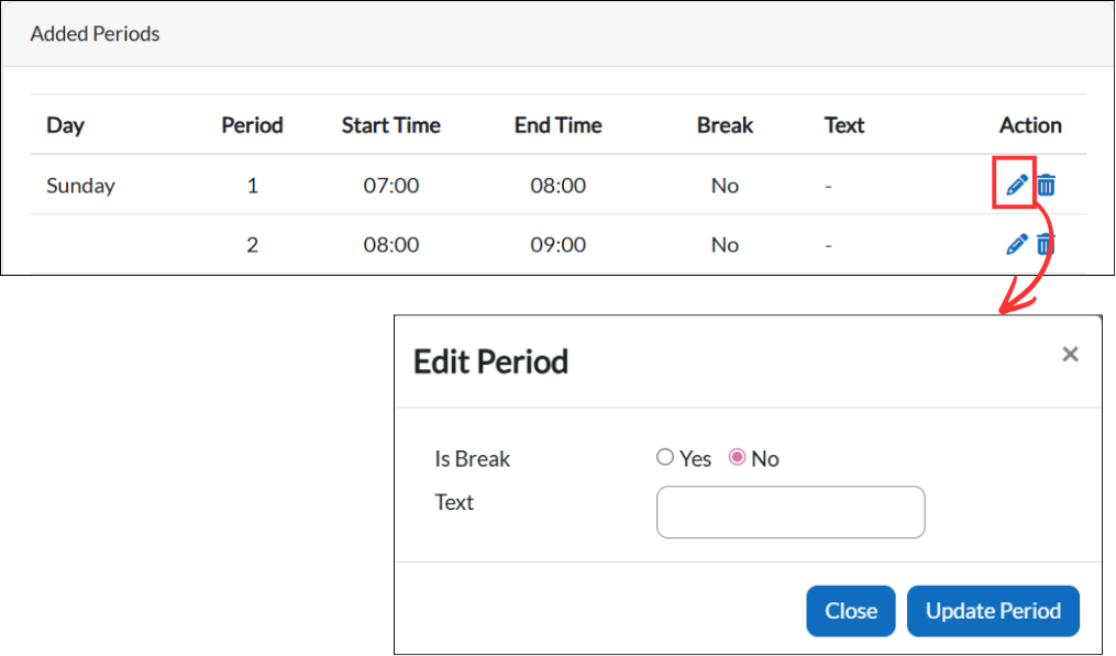 Edit period with Is Break and Text fields