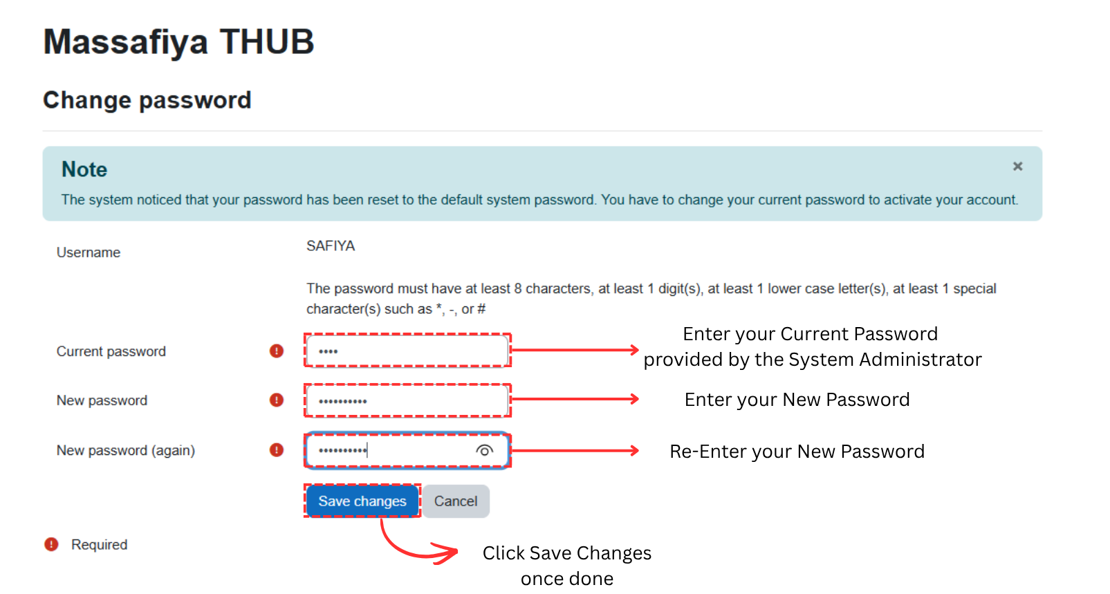 e-Campus Change Password page with current and new password fields
