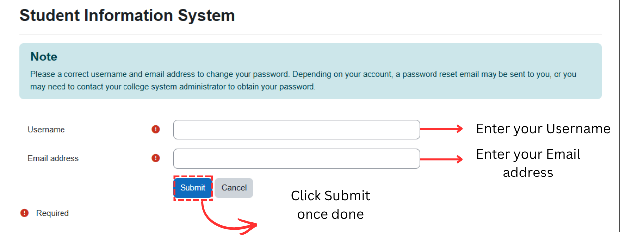 Password recovery form with Username and Email address fields