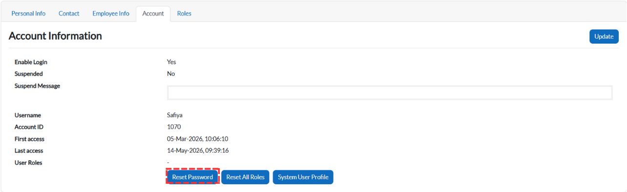 Account Information page showing user details and Reset Password button