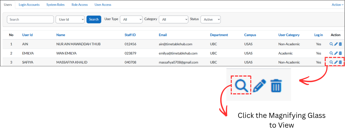 Users list with magnifying glass icon highlighted in the Action column