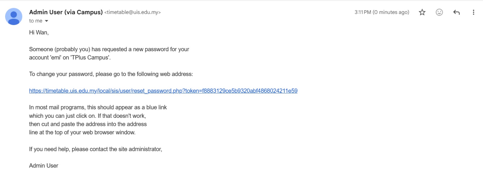 Password reset email with blue reset link