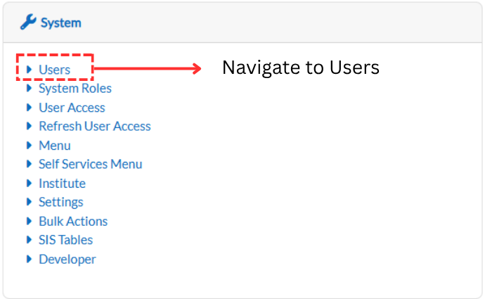 System sidebar with Users option highlighted
