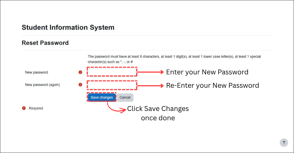 Reset Password page with New password fields and Save changes button