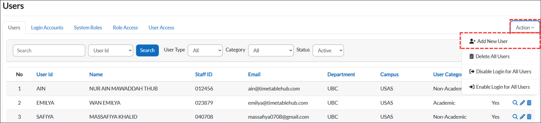 Action dropdown menu with Add New User option highlighted