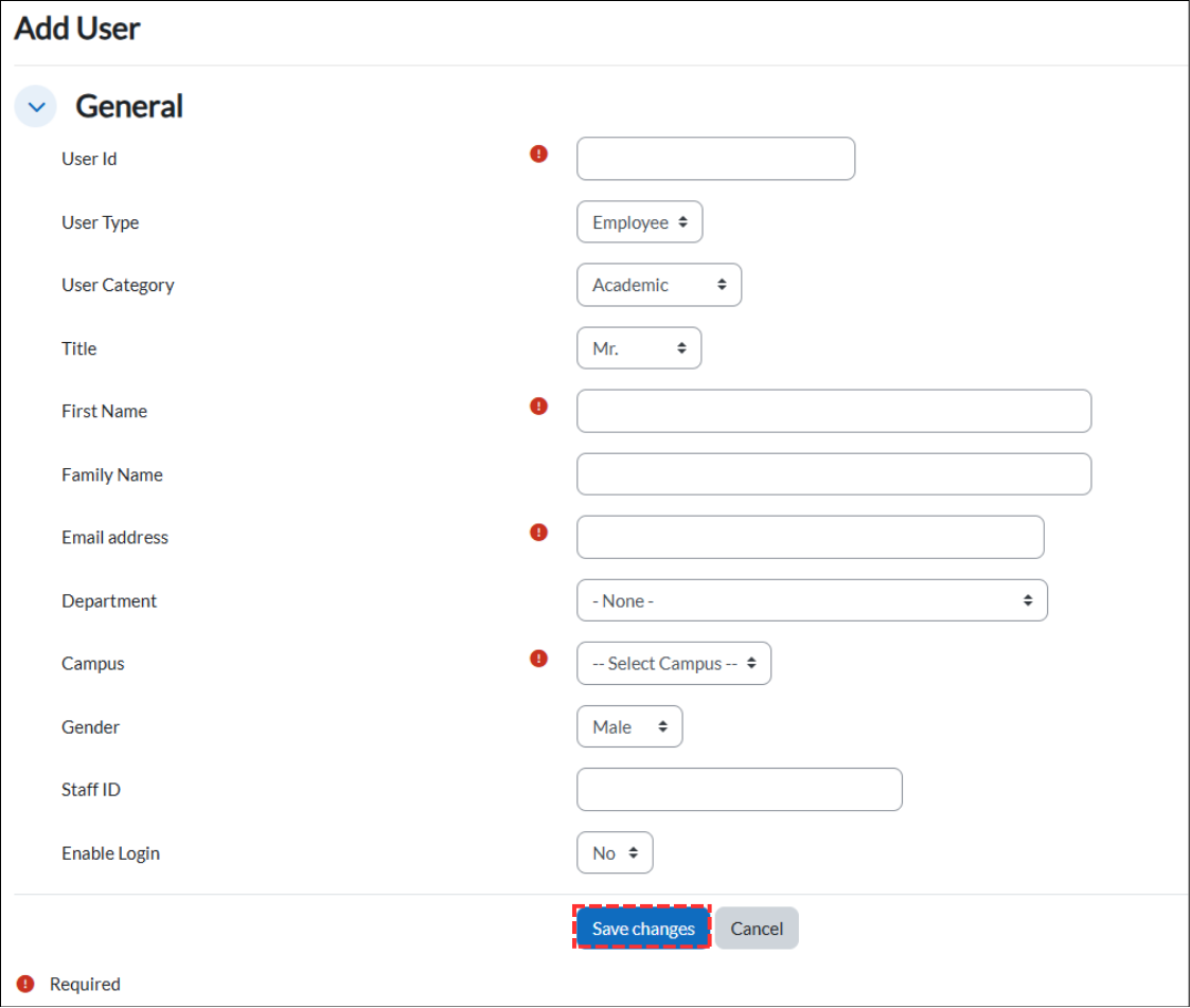 Add User form with fields for User Id, User Type, User Category, Title, First Name, Family Name, Email, Department, Campus, Gender, Staff ID, and Enable Login