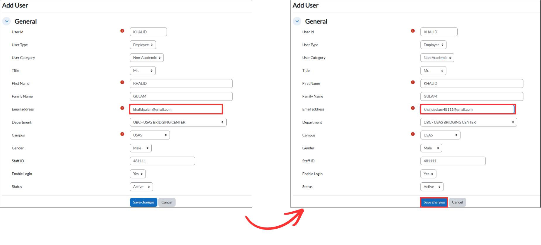 Editing a user's email address from khalidgulam@gmail.com to khalidgulam48111@gmail.com and clicking Save changes