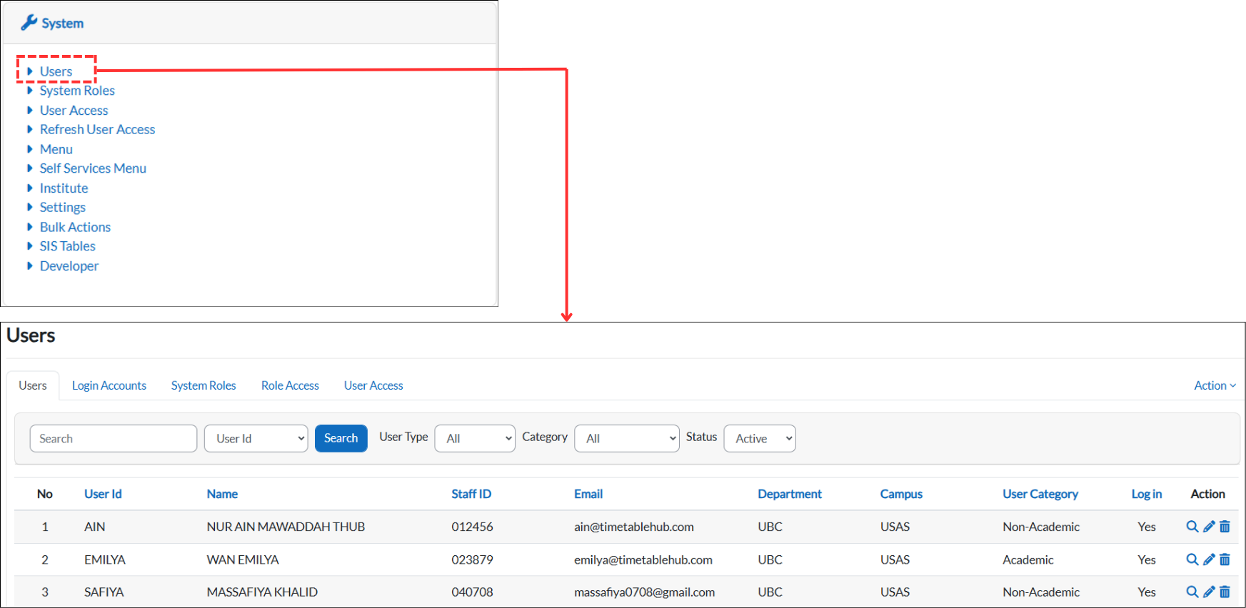 System sidebar with Users highlighted and the Users page table