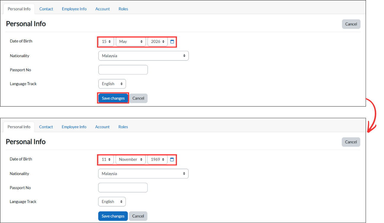 Personal Info form with updated fields and Save changes button