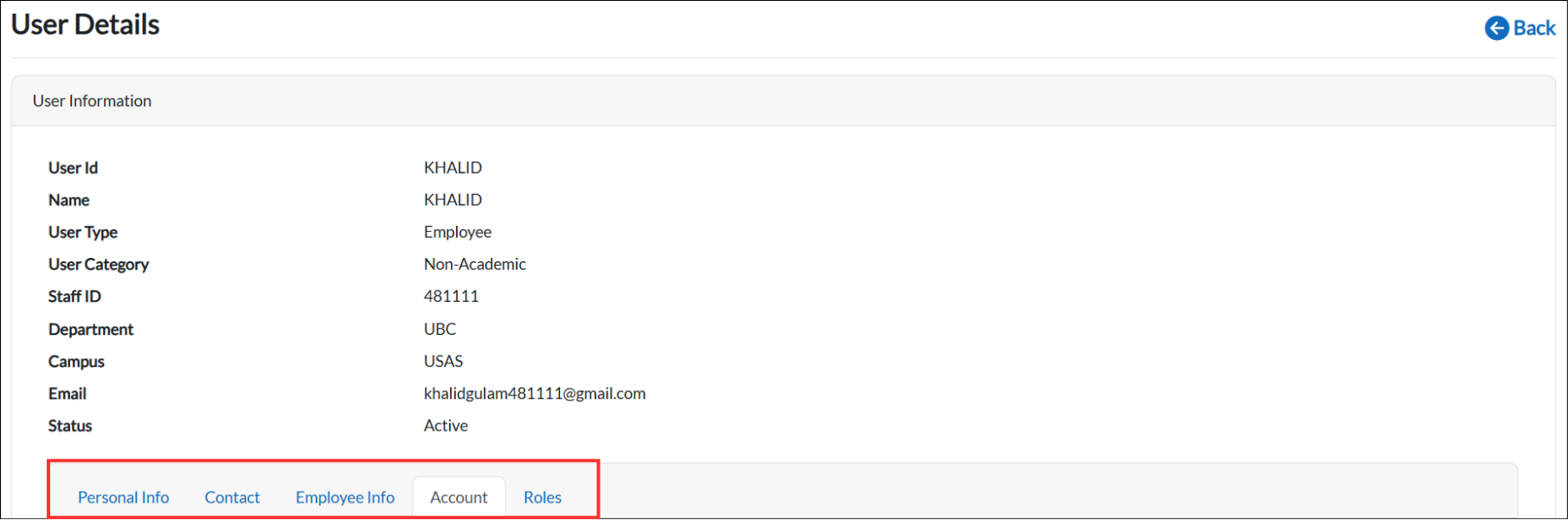User Details page showing tab navigation with Personal Info, Contact, Employee Info, Account, and Roles tabs