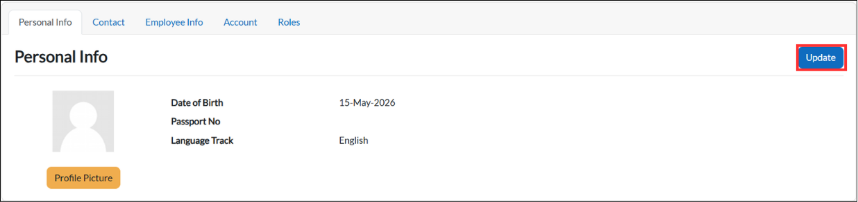 Personal Info tab with Update button to edit personal details