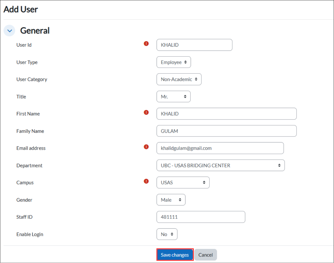 Add User form filled with example data for Khalid Gulam