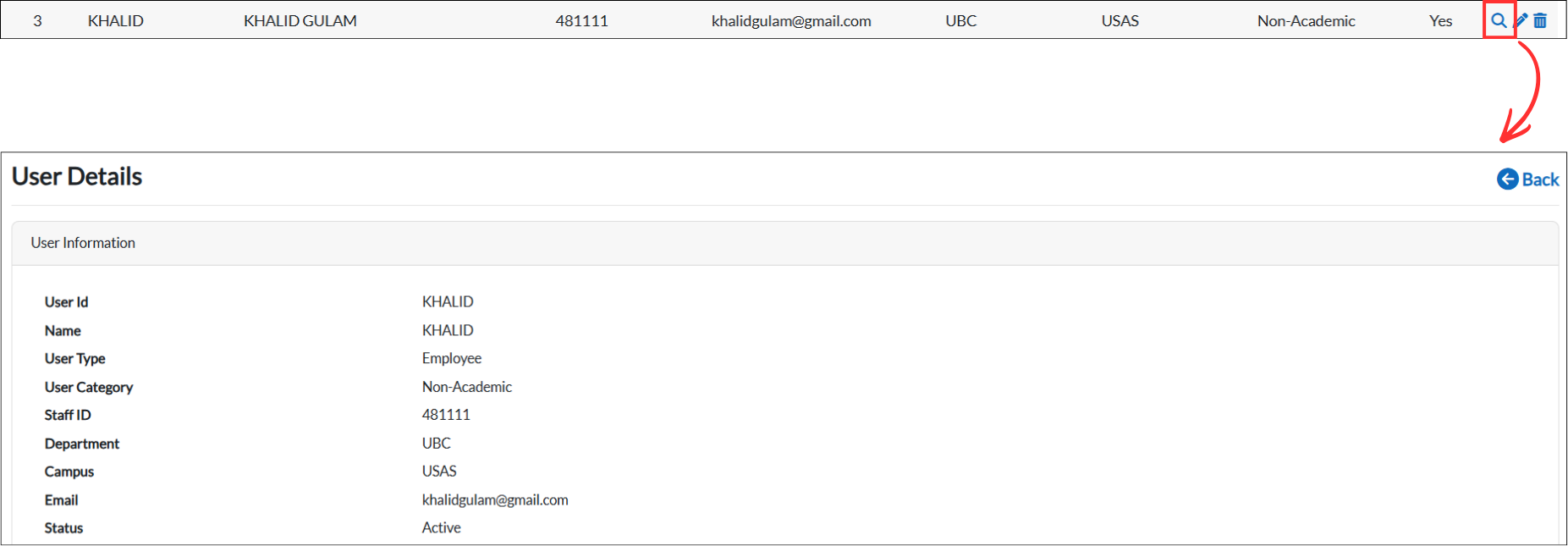 User Details page showing User Information for Khalid Gulam