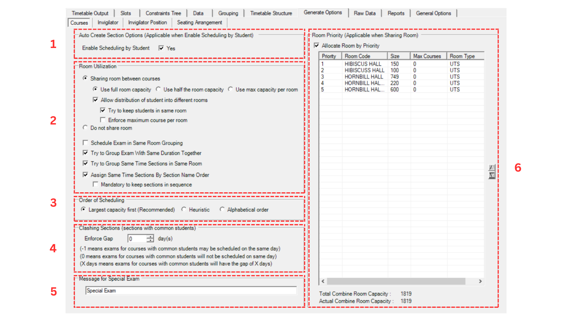 Course Constraint Window showing all 6 areas