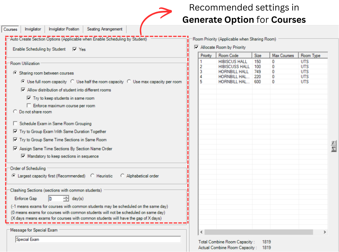 Course Recommended Settings in Generate Option