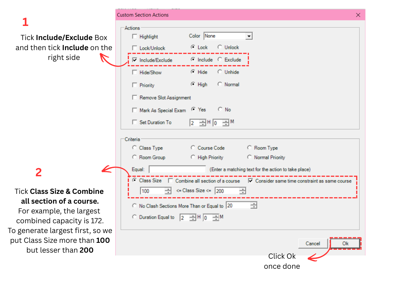 Custom Section Actions window with Include/Exclude and Class Size criteria