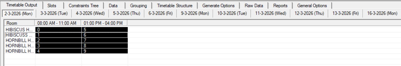 Excluded Slots shown in black in Timetable Output