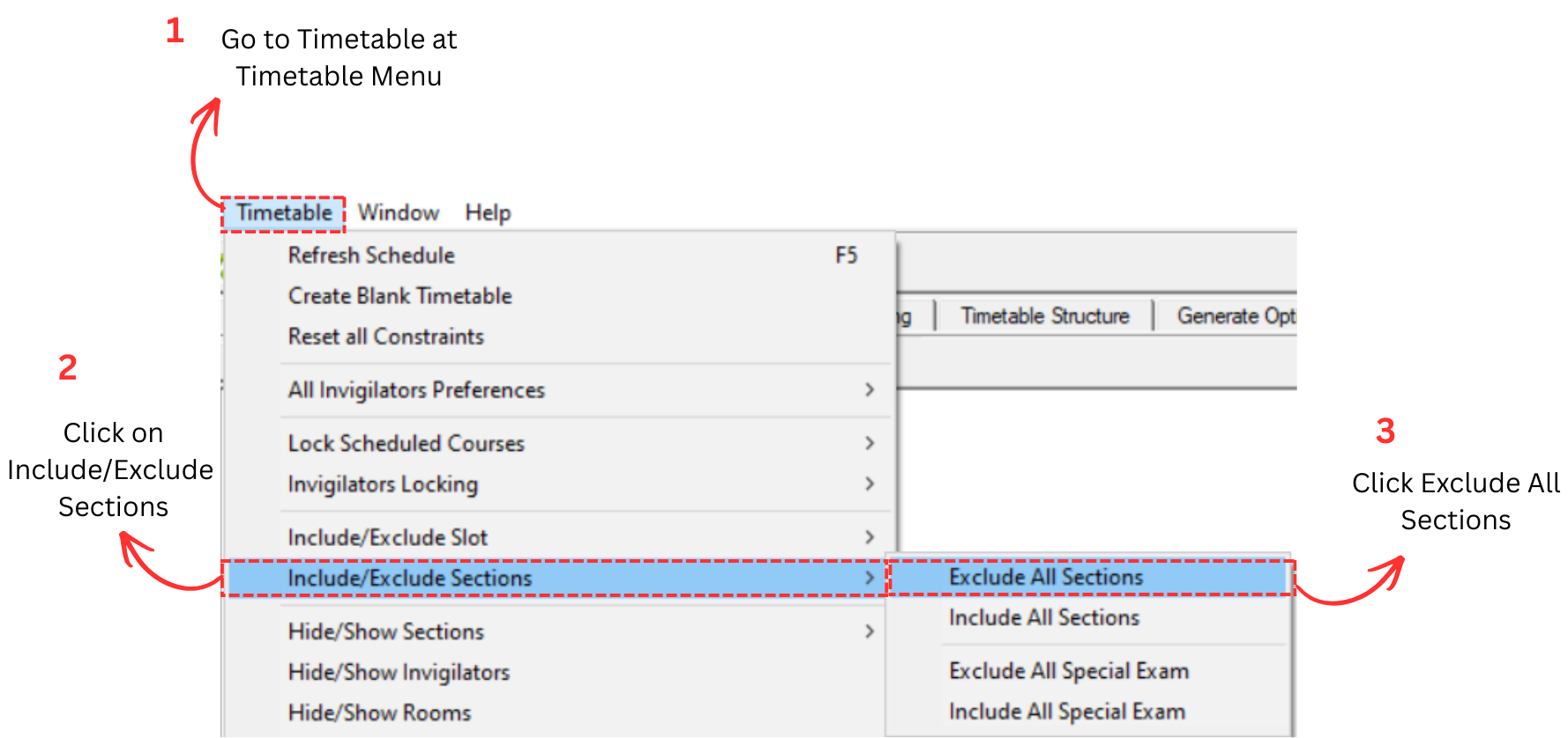 Timetable menu showing Include/Exclude Sections with Exclude All Sections option