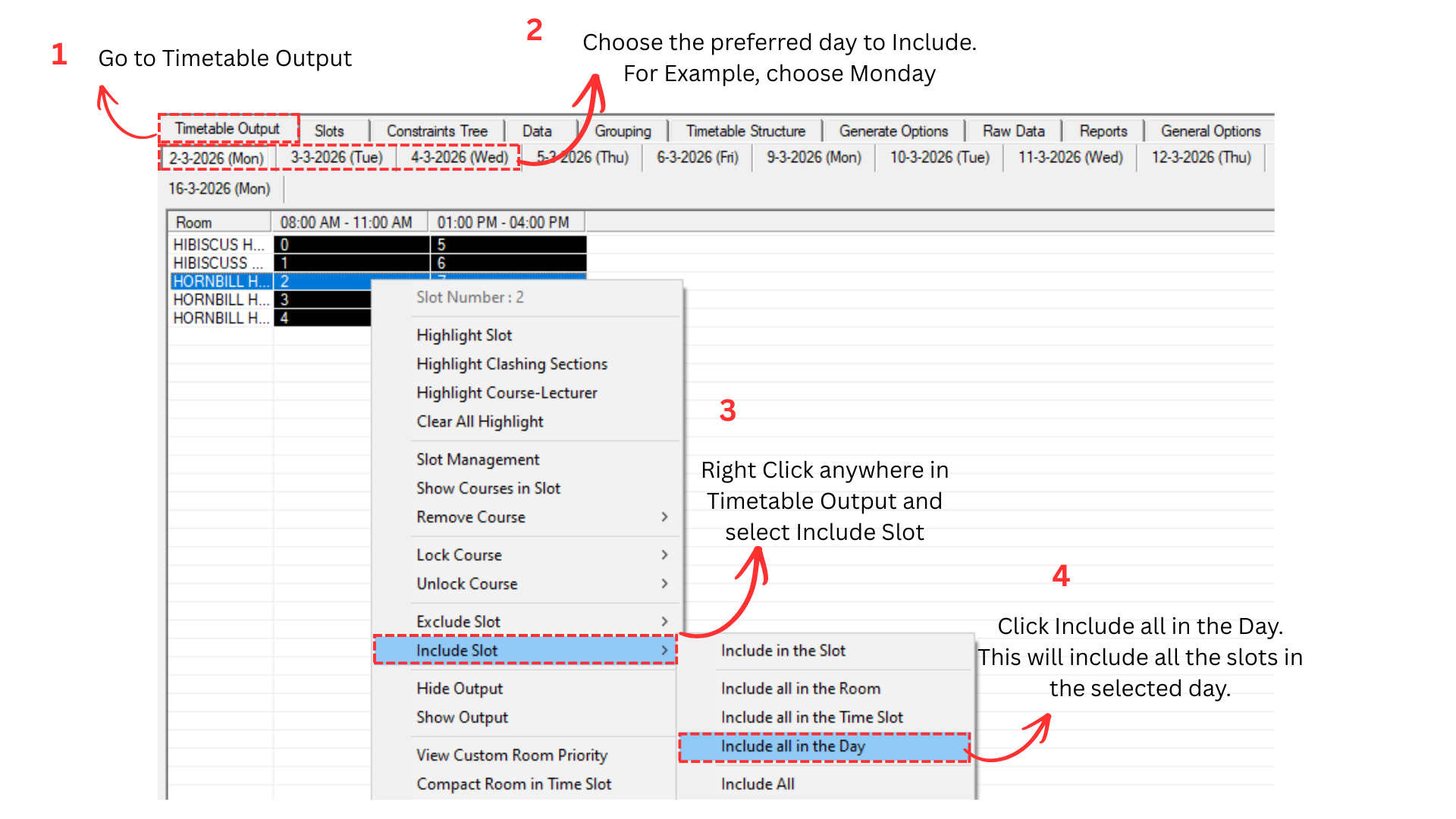 Steps to Include Preferred Slot in Timetable Output