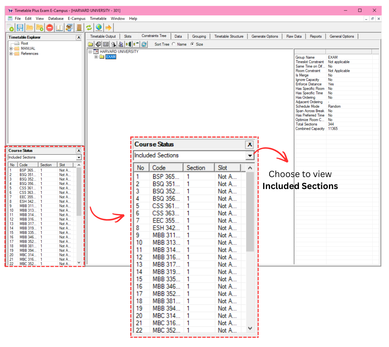 Course Status window showing list of Included Sections