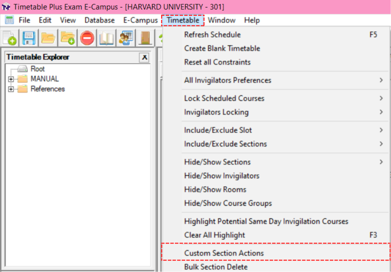 Timetable menu showing location of Custom Section Actions