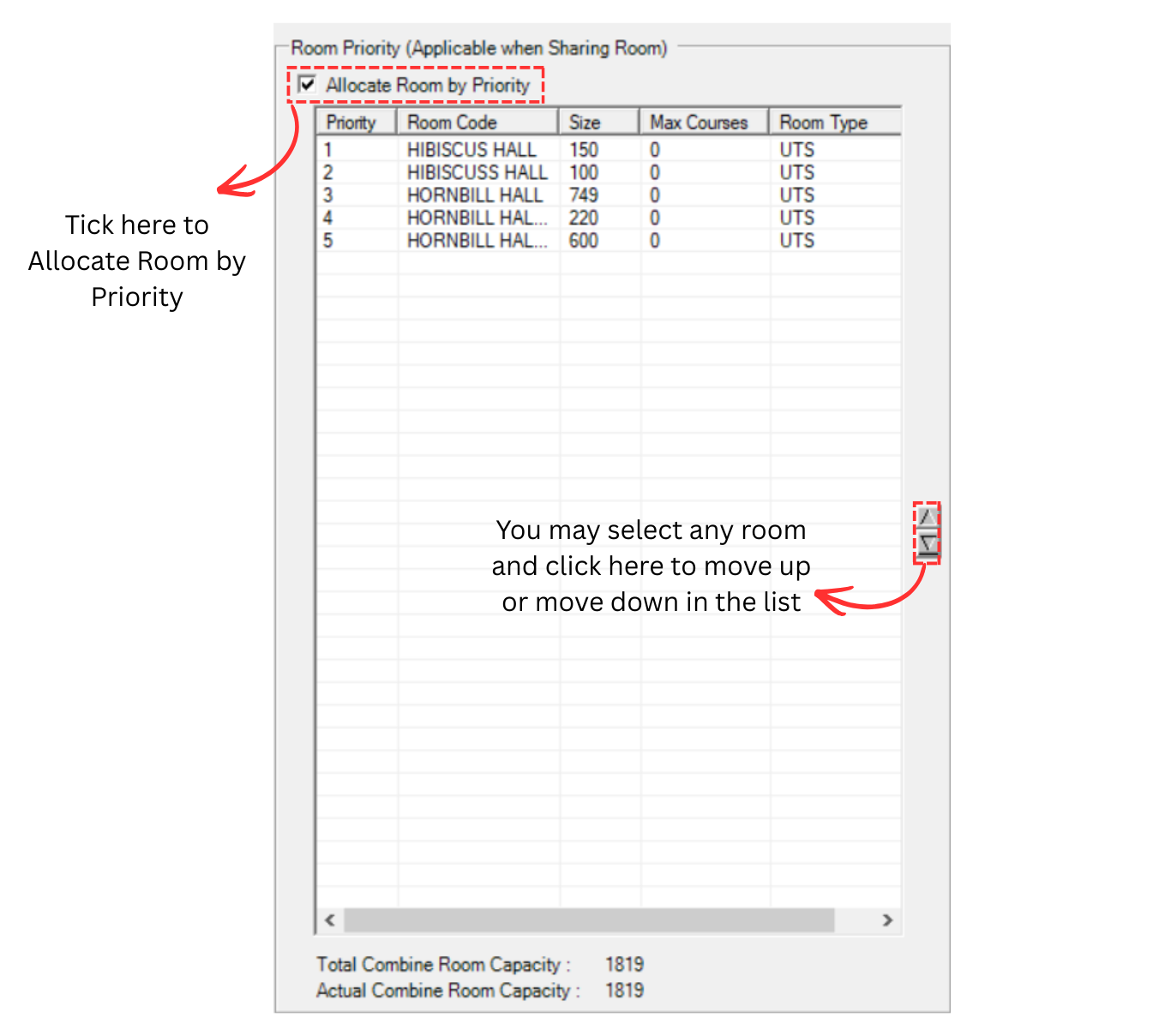 Room Priority table with Allocate Room by Priority