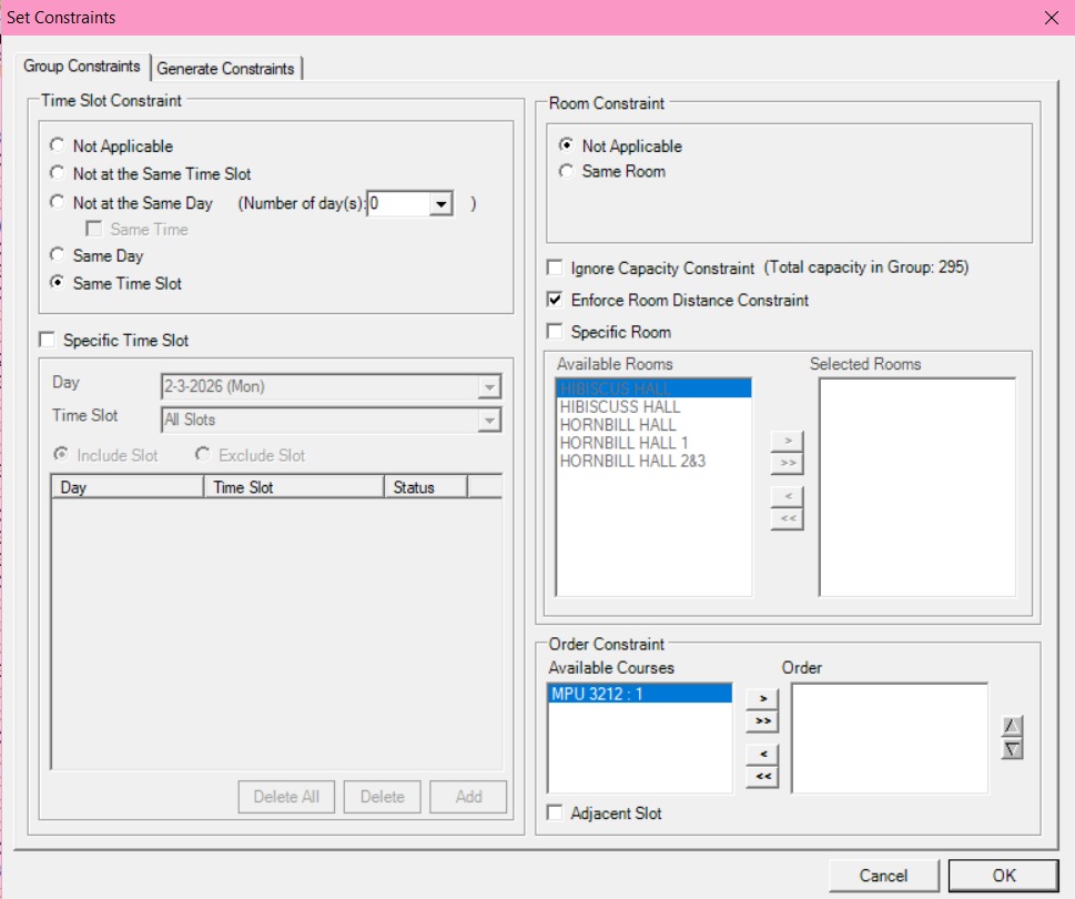 Set Constraints window showing Group Constraints tab