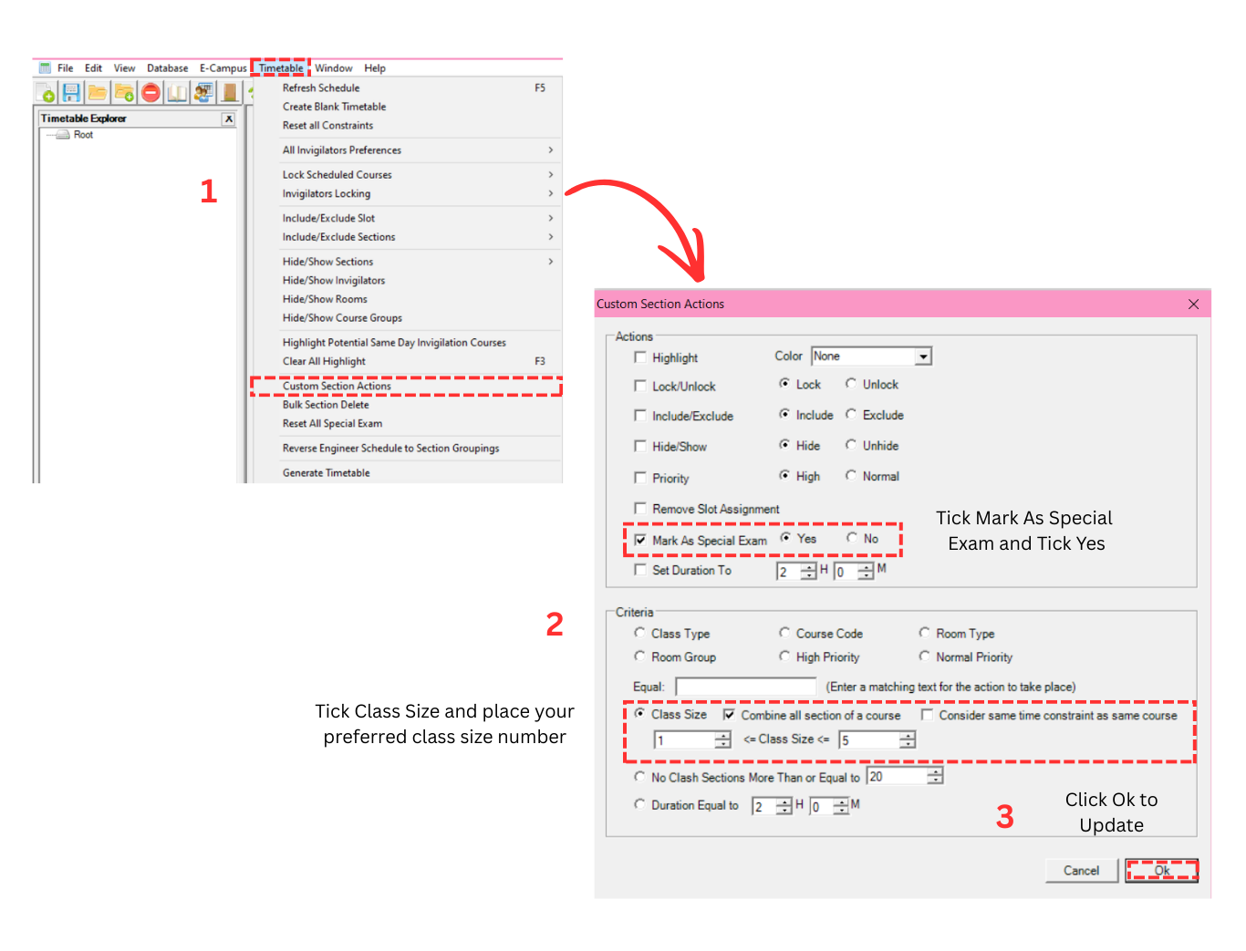 Timetable menu showing Custom Section Actions with Mark As Special Exam option