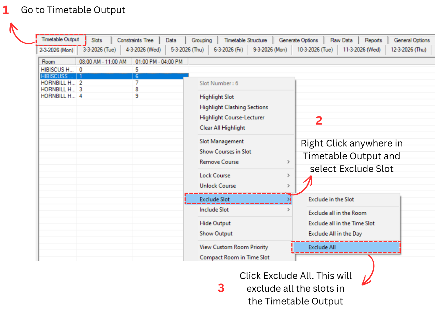 Steps on Excluding All Slots in Timetable Output