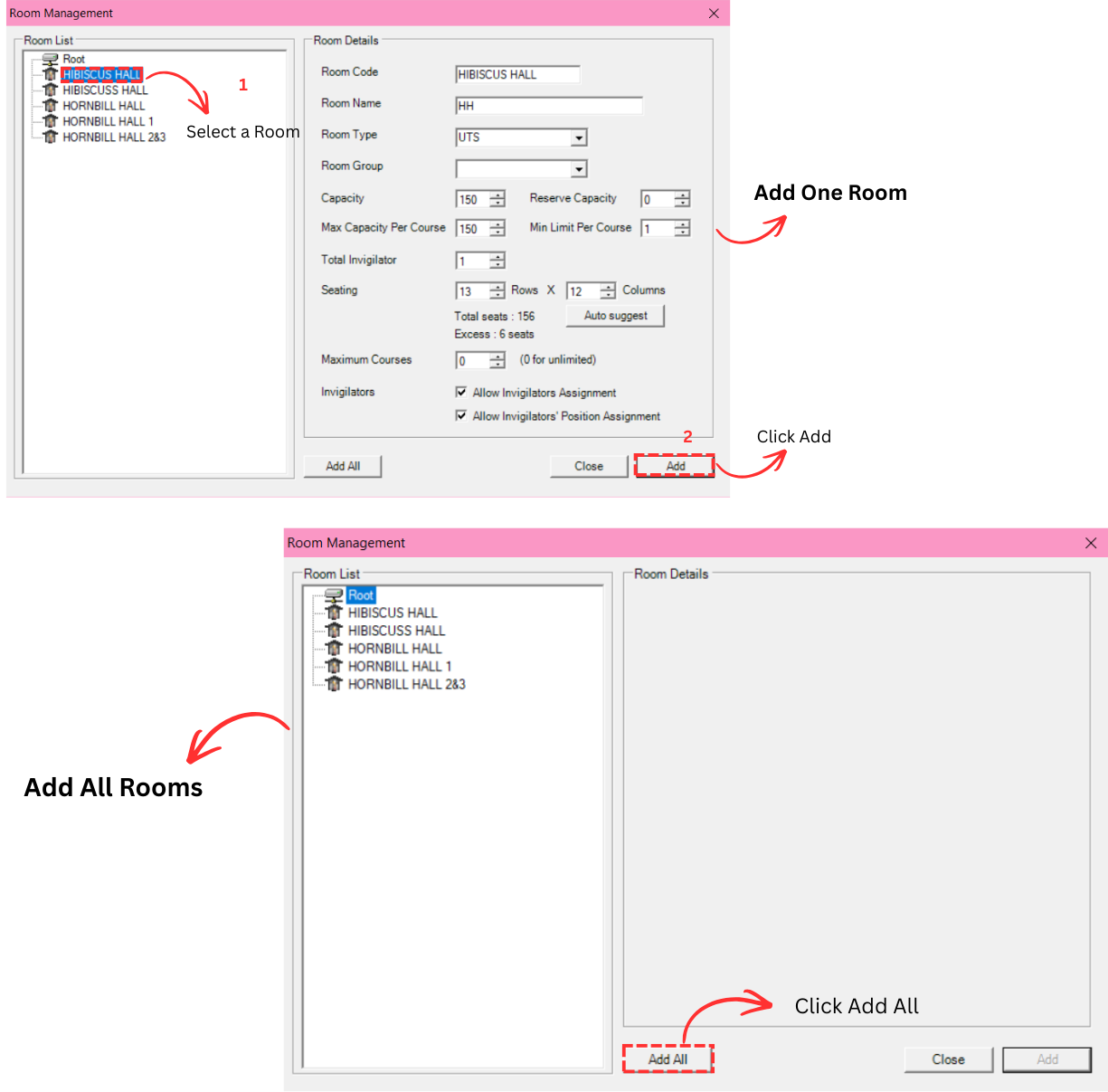 Room Management window showing how to select and add rooms
